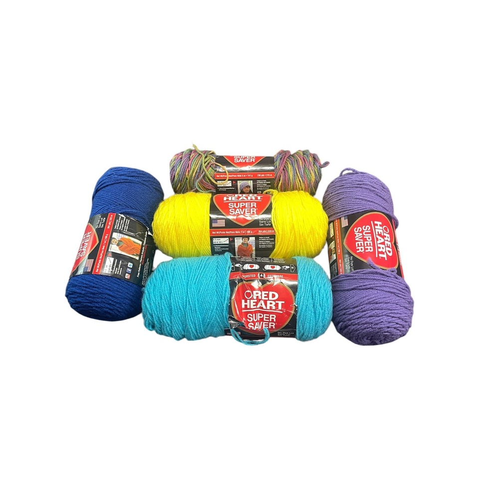 Red Heart Super Saver Yarn Lot 5 Skeins Worsted Multi Color Blue Yellow Purple